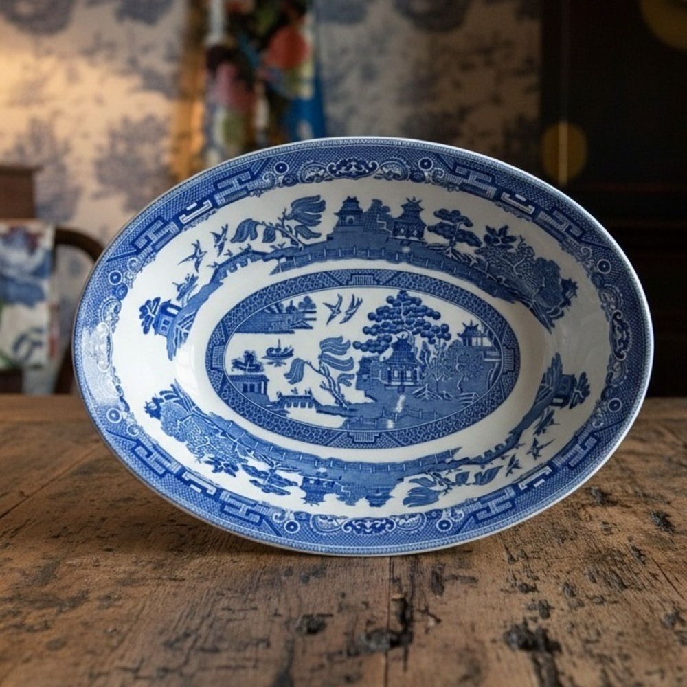 Johnson Bros Blue Willow Vegetable Serving Bowl 9" England Oval Bowl Vintage